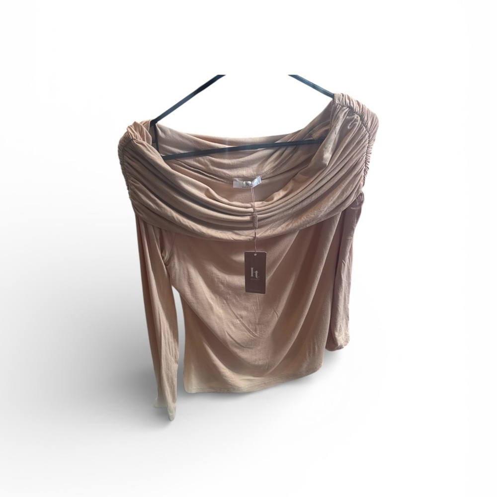 Womens Hotouch Luxe Draped Off Shoulder Long‎ Sleeve Top Nude Stretch Size L NWT